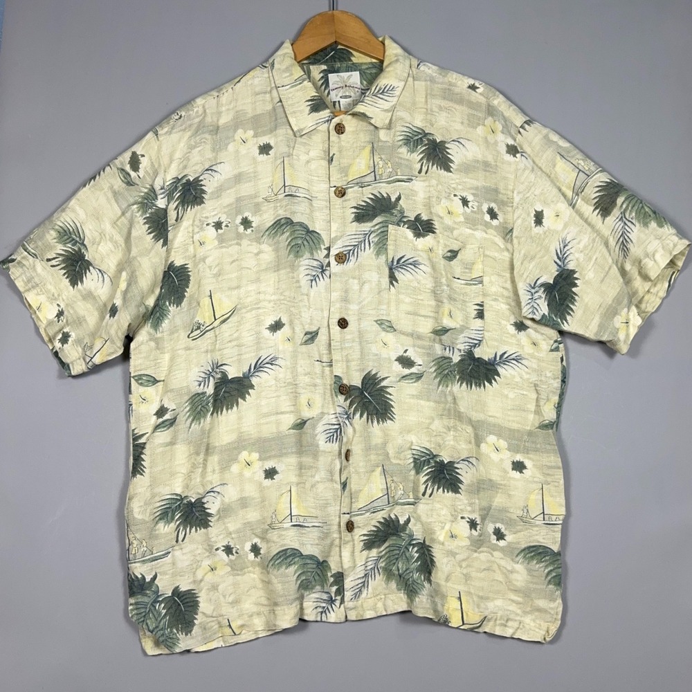 Vintage‎ Tommy Bahama Relaxed Shirt Mens Large Linen Silk AOP Tropical Hawaiian